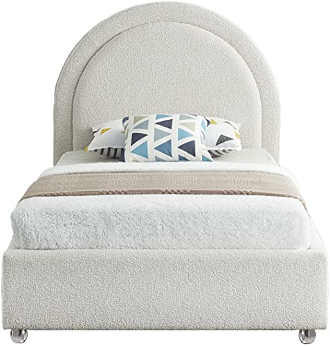 Meridian Furniture Milo Collection Modern | Contemporary Boucle Fabric Upholstered Bed Nailheads And Brass Cap On Legs, Twin, Cream #TOP2