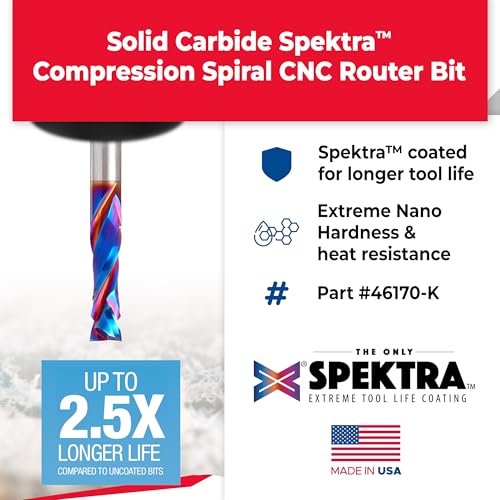 Image of Amana Tool Spektra Extreme Tool Life Solid Carbide CNC Compression Spiral Router Bit, 46170-K, 1 /4 D x 7 /8 CH x 1 /4 Shank x 2-1 /2 Inch Long 2 Flute