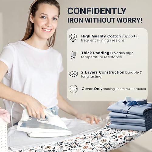 Image of Ironing Board Cover and Pad 18 inchx54 inch Extra Thick Natural Cotton,Scorch and Stain Resistant Iron Board Cover,Extra Large Iron Board Cover with Fasteners Heavy Duty Heatproof Elastic Edge Floral
