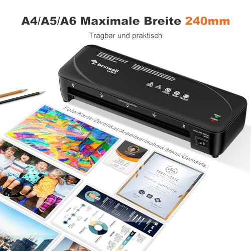 Bonsaii A4 Laminiergerät mit Anti-Stau-Technologie, 80-125 Mikron, 2-Walzen-System, Schnelles und reibungsloses Laminieren, Laminator für Fotos und Dokumente in Schule, Büro und Zuhause L418-C