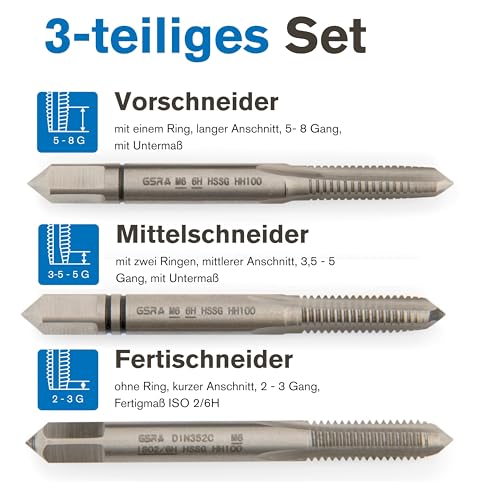 GSR PROFI Gewindebohrer M6 Satz HSSG 3 teilig, Geschliffen, Vorschneider, Mittelschneider & Fertigschneider, Gewindeschneider M6, metrische Feingewinde