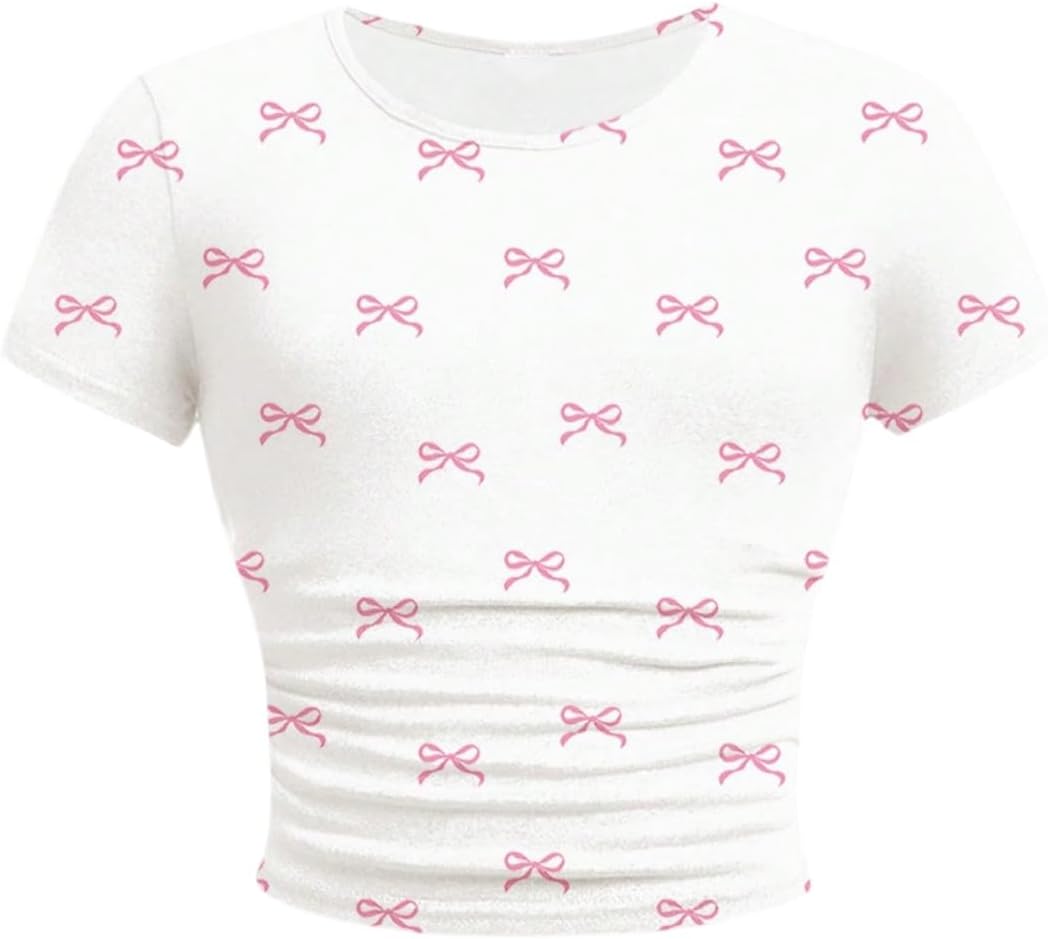 Girl's Graphic Tee Crew Neck Letter Bow Print Crop Tops Casual Cute Short Sleeve T Shirt