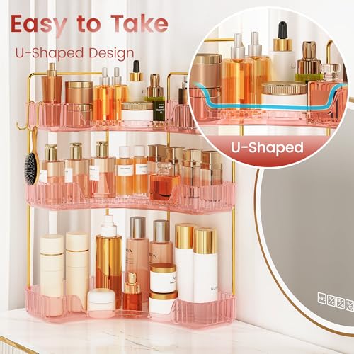 Image of Corner Bathroom Counter Organizer 3-Tier Bathroom Organizer Countertop with Hooks Perfume Organizers Storage Shelf for Makeup & Skincare Dresser-Pink