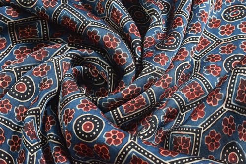 Image of Ethnics of Kutch Womens's Ajrakh Modal Silk Natural Dye Hand Block Print Unstitched Kurta Fabric