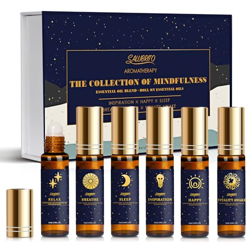 SALUBRITO Essential Oil Roll On Set 6x10ml Aromatherapy Oil Roller Ball with Lavender Peppermint Essential Oil Blend for Skin Anxiety Relief Relaxation Gift for Women - Sleep Breathe