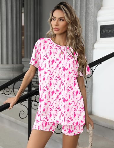 Image of Ekouaer Women's 2 Piece Lounge Set 2026 Summer Biker Shorts Set Outfits Short Sleeve Oversized Top Matching Tracksuit