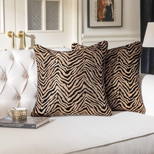TOPWEAVE 1-Piece Luxury Zebra Print Throw Pillow Cover 20x20 Inches Wild Animal Print Chenille Jacquard Cushion Covers Modern Chic Decorative Square Pillowcase for Couch Sofa Bed Car(Black Gold)