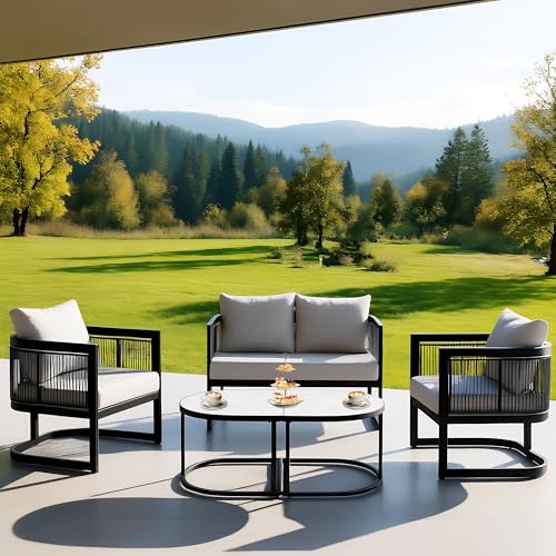 Image of GREEN MORE 5 Piece Patio Furniture Set,Outdoor Patio Conversation Set with Removable Extra Thick Cushions & Convertible Coffee Table, Modern Metal Outdoor Furniture for Porch, Backyard,Balcony, Deck