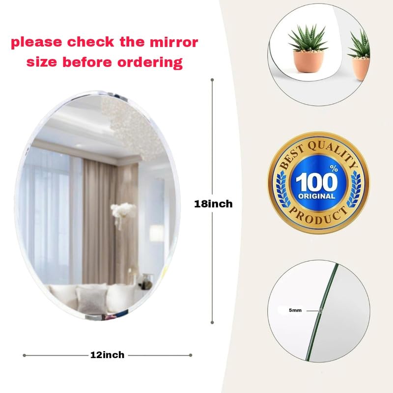 Image of 12x18 Inch Oval Frameless Wall Mirror | 5mm HD Glass | Vertical Mount Decorative Mirror for Bathroom, Vanity, Bedroom & Entryway | Sleek Modern Design for Home & Office