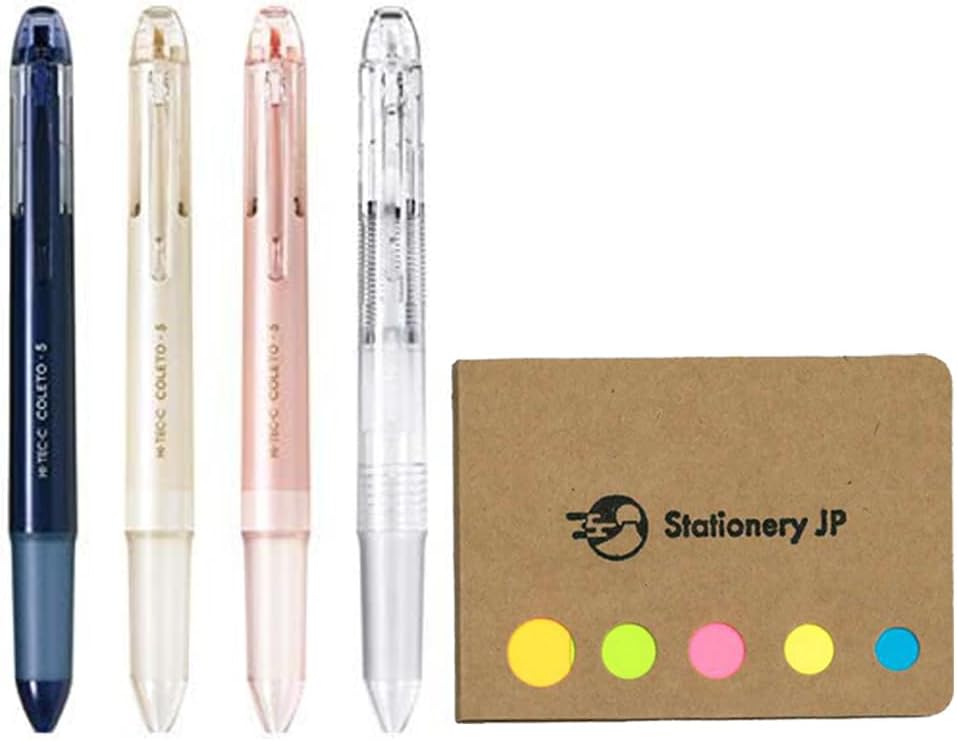 Pilot Hi-tec-c Coleto 5 Color Multi Pen Body Component, Basic & Pearl Pattern, Rubber grip, 4-pack, Sticky Notes Value Set, Pen Body Only (No Refill Included)