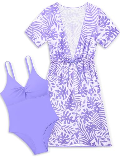 Image of Girls Swimsuits Size 10-12 Purple Girls One Piece Swimsuits Palm Print Quick Dry Cover Up 2Pcs Swimsuits for Teen Girls Bathing Suits Size 11-12