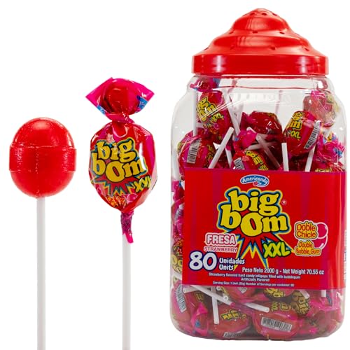 Big Bom XXL Lollipops Fresa Strawberry Flavor 80 Count Jar