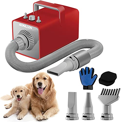 AONLLEN Dog Dryer, 3.8HP Anion High Velocity Stepless Adjustable Speed Dog Blower Grooming Dryer,Pet Dog Hair Dryer with Heater,4 Nozzles,and pet Grooming Glove
