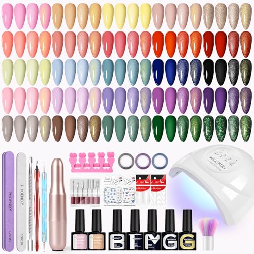 Kit Vernis Semi Permanent Phoenixy avec Ponceuse pour Ongles Lampe UV 25 Couleur Vernis Semi Permanent Kit Ongle Gel U V Complet Base et Top Coat Rose Rouge...