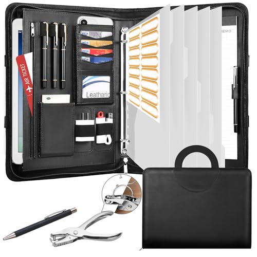 Image of Leathario Portfolio Binder, Includes 5 Folder Index Dividers,1 Hole Punch,13 Inch Tablets Organizer with Handle, Vegan Leather A4 Padfolio, Multi-Pocket Notepad Business Planner Professional Document