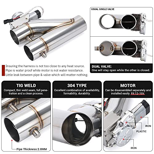 Pqy Stainless Steel 2.5 Inch Electric Exhaust Cutout Remote Controller Motor E-Cut Valve Kit Dual Flaps Type Wireless Remote Control 2Pcs Pipe Kit #TOP1