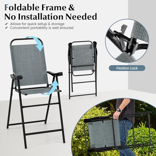 Image of COSTWAY 2 Pieces Patio Folding Bar Chairs with Metal Frame, Footrest, Arms