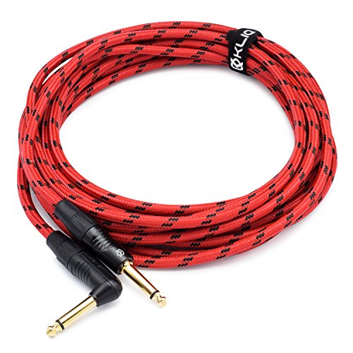 Kliq Guitar Instrument Cable, 20 Ft - Custom Series With Premium Rean-Neutrik 1/4" Straight To Right Angle Gold Plugs, Red/Black Tweed #TOP5