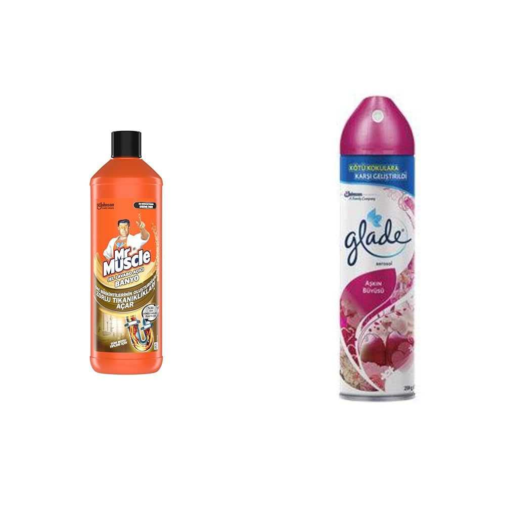 Mr Muscle Banyo Tüm Boru Tipleri için Jel Lavabo Açıcı 1000 mL, Glade Aerosol Aşkın Büyüsü Oda Kokusu 300 mL ve Mr Muscle Aqua Blue 2'li Klozet Bloğu