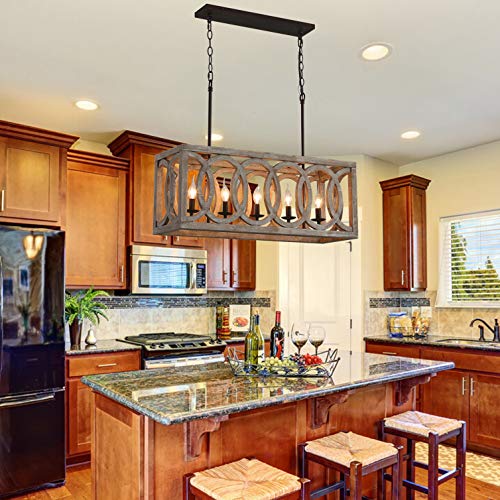 Llcew Dining Room Wooden Chandelier, Farmhouse Rectangle 5 Light Wood Chandeliers Kitchen Pendant Lighting Fixture, 30" Rustic Metal And Wood Chic Island Lighting, Pool Table Lights #TOP5