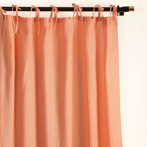 THE ART BOX Gauze Striped Curtains, Boho Linen Blend Gauze Tie Top Hanging Curtains 2 Panel Set, Light Filtering Door Window for Bedroom/Living Room Home Décor Orange on White (L84”xW42” Each Panel)