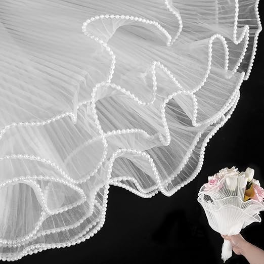 White Mesh Tissue Paper, Bouquet Gauze, Bouquet Wrapping Net, Faux Pearl Trim Design, Pleated Translucent, Wrapping Fresh Flowers,Bouquet Wrapping, Decorations-image-21
