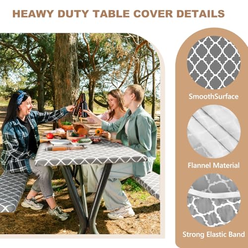 CHRORINE 3 Piece Set Fitted Picnic Table Cover Set with Bench Covers Water-Resistant Polyester Flannel Backing Picnic Table Cloth for 6ft Outdoor Camping Tables Fits 30x72 Inch (Gray Morocco) by CHRORINE - Image 5