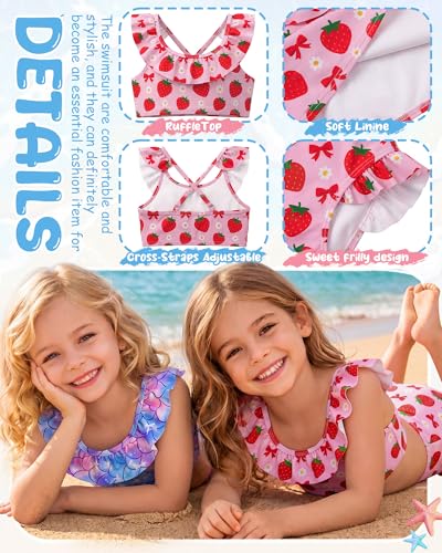 Image of Xaatren Toddler Girl Swimsuits 2 Piece Kids Ruffle Trim Bathing Suit with Adjustable Strap Summer Cute Tankini for 2-8 Years