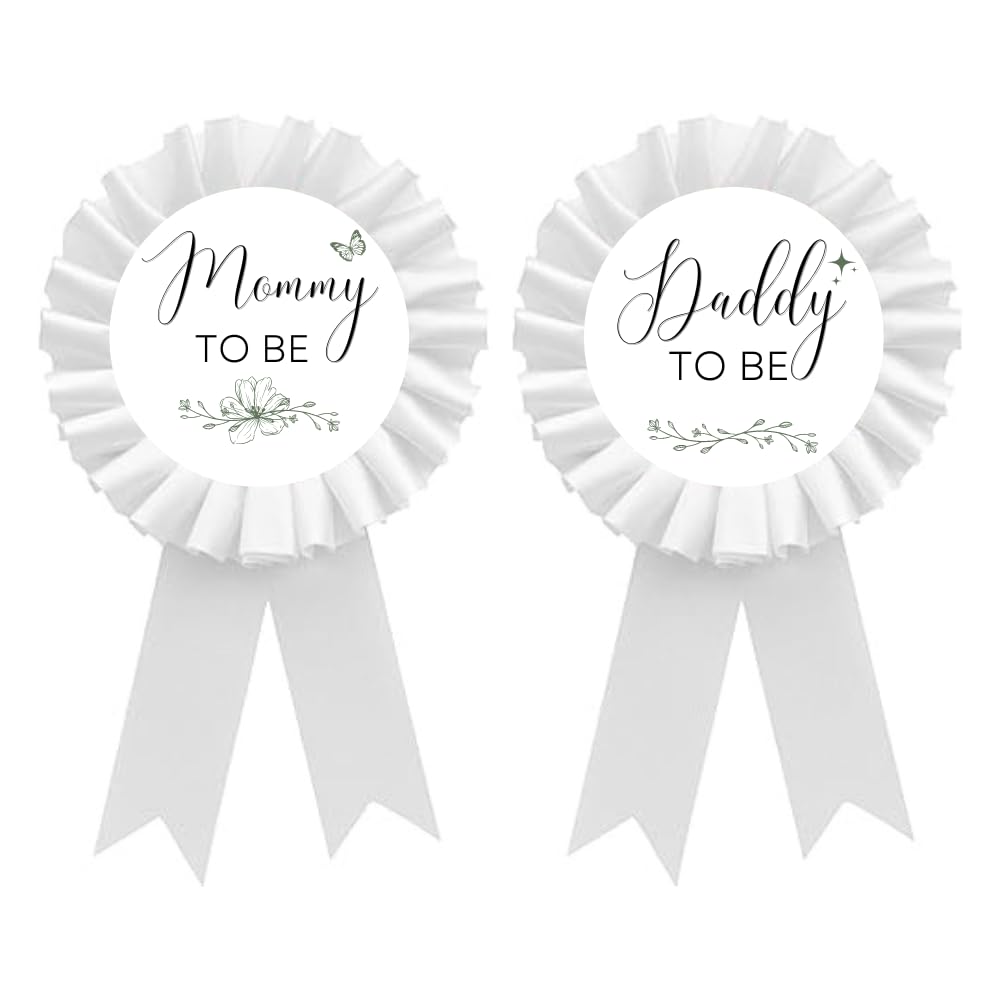 PATICARRY Green Sage Daddy to Be & Mom to Be Tinplate Badge Pin - Baby Shower Button New Mom Gifts Gender Reveals Party for Girl or Boy, White Rosette