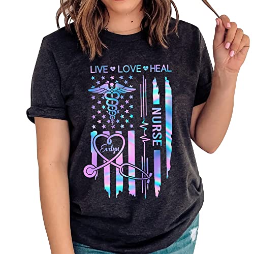 Personalized Shirt with Nurse Types Live Love Heal Flag Nurse - Custom Name Nurse Shirt - Long Sleeve - Sweatshirt for Nurse s Day, Birthday, Nurse Gifts for Women, Nurse Graduation Gifts for Her