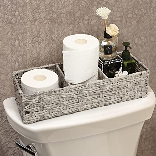 [Larger Compartments] Toilet Tank Topper Paper Basket - Multiuse Hand Woven Plastic Wicker Basket With Divider For Organizing, Rustic Farmhouse Bathroom Decor, Countertop Organizer Storage, Gray Wash #TOP4