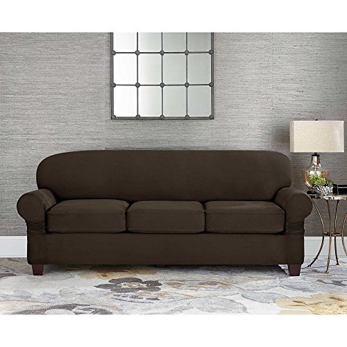 Surefit UNKNOWN Sure Fit Designer Suede Individual Cushion 3 Seat Sofa Slipcover In A Chocolate Color cover