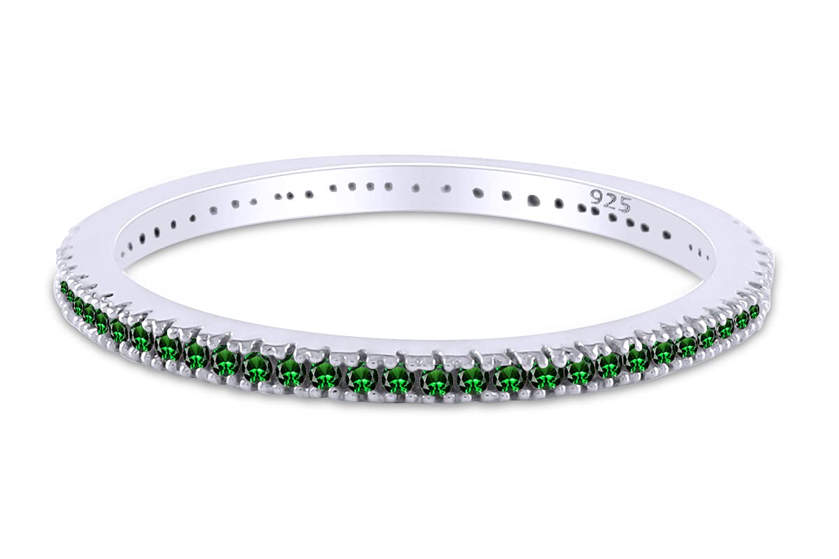 Jewel Zone USJewel Zone US Simulated Green Emerald Eternity Stackable Wedding Ring in 14k White Gold Over Sterling Silver (1/5 Ct)
