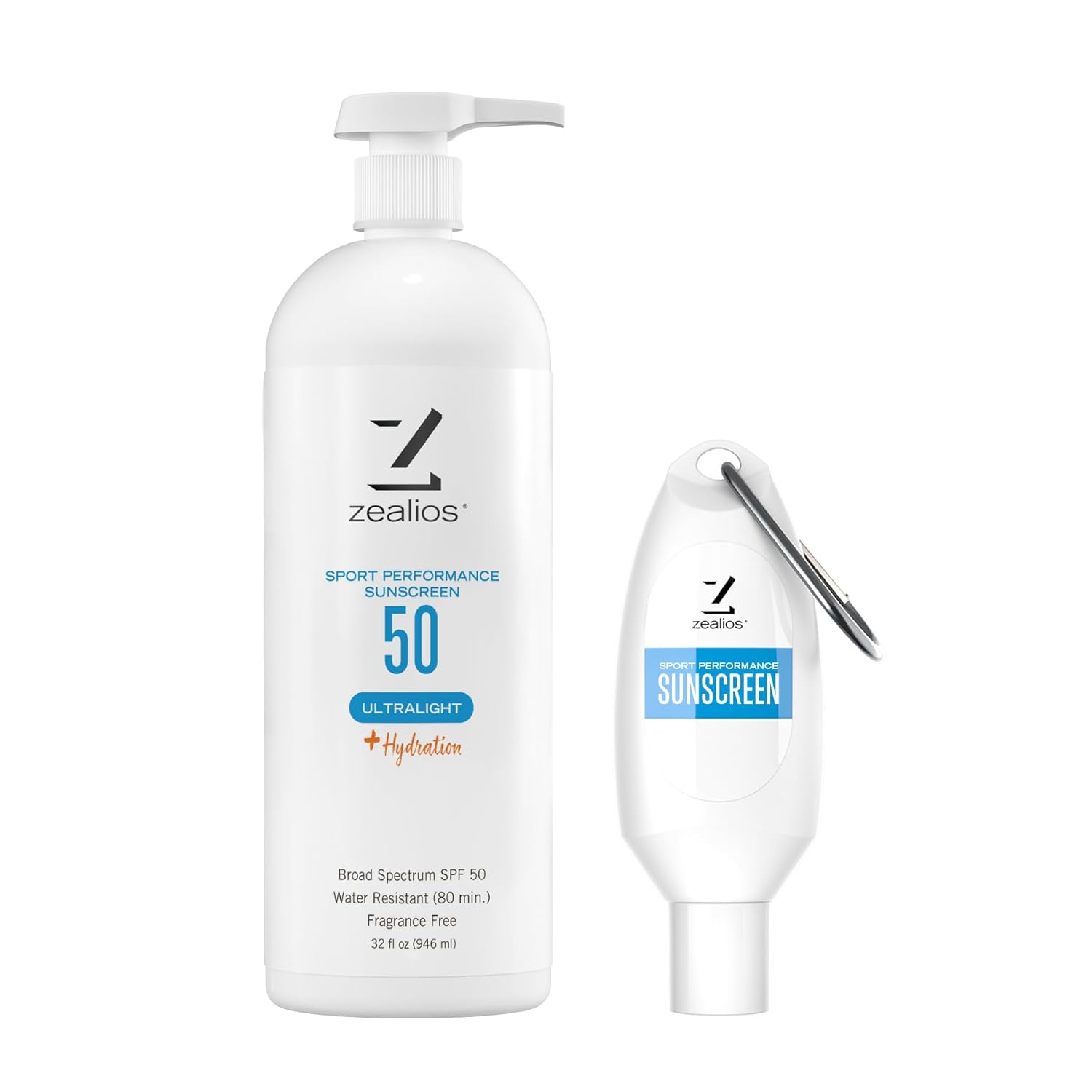 Zealios Sport Performance Ultralight SPF 50 Sunscreen +Hydration, 32 oz Bottle Plus 2 oz Travel Bottle, Broad Spectrum, Water & Sweat Resistant (80 min), Non-Greasy for Swimming, Running & Cycling