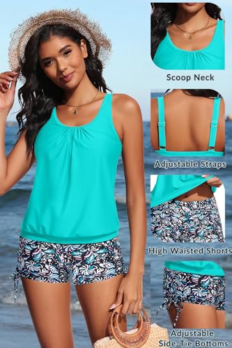 Image of Yonique Blouson Tankini Swimsuits for Women 2 Piece Bathing Suits Tops with Boyshorts Modest Loose Fit Swimwear
