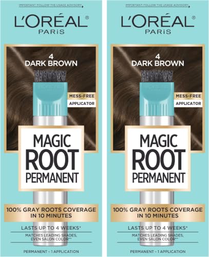 Image of L'Oreal Paris Magic Root Permanent Hair Color Kit, 100% Gray Hair Coverage In Just 10 Minutes, Precision Brush Applicator for Seamless Application, 4 Dark Brown (Pack of 12)