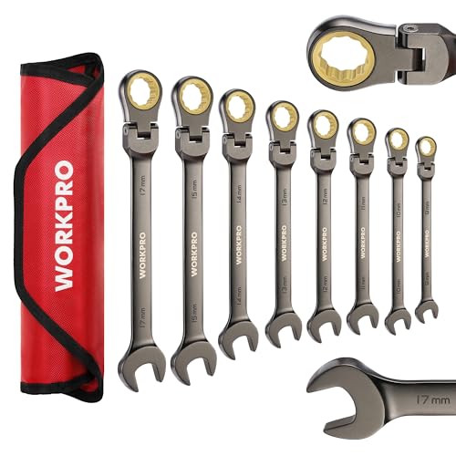 WORKPRO 8-piece Flex-Head Ratcheting Combination Wrench Set, Metric 9-17 mm, 72-Teeth, Cr-V Constructed, Nickel Plating with Organization Bag Metric Regular & Nickel Plating