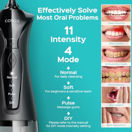Image of COSLUS C30 Water Dental Flosser Pick for Teeth: 4 Modes Cordless Portable 300ML Larger Tank Water Teeth Cleaner IPX7 Flossing Cleaning Picks for Home Travel Black Green 2pcs Portable Set
