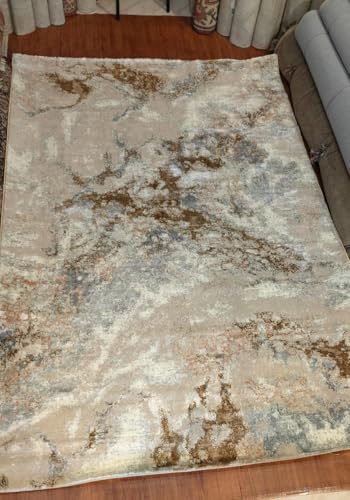 Image of 2x5 Feet (60x150 CM) Carpet for Bedroom Living Room & Hall - Beige Bronze Multi Modern Abstract Geometric Silk-Touch Luxury Hotel-Style Washable Anti-Skid Turkish Area Rug