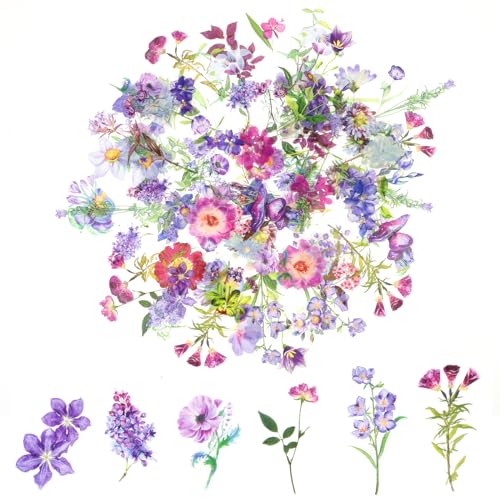 100 Blumen Scrapbooking Aufkleber,PET Transparente Pflanzen Aufkleber,Vintage Bunte Blumenaufkleber,Flower Stickers für Scrapbook Fotoalbum Tagebücher Laptops Karten (Violett)