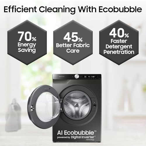 Image of Samsung 8 kg, 5 star, AI Control, AI Eco Bubble, Wi-Fi, Digital Inverter, Motor, Fully-Automatic Front Load Washing Machine (WW80T504DAX1TL, Hygiene Steam, Inox)