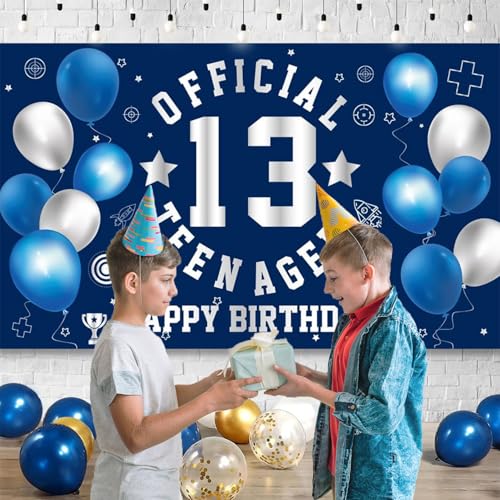 Image of Happy 13th Birthday Decorations Large Official Teenager Backdrop Banner for Boys Girls Navy Blue White 13 Year Old Birthday Party Photo Props Decor