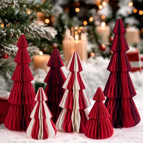 SUNBEAUTY 6 PCS Honeycomb Paper Christmas Tree Red White Paper Christmas Tree Decor 3D Honeycomb Trees Table Centerpiece Vintage Reusable Table Decor for Xmas Holiday Home Party Decorations by SUNBEAUTY - Used condition - US$10.44