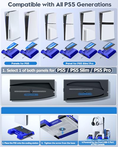 Image of PS5 /Slim /Pro Stand and Cooling Station with LED Controller Charging Station for PlayStation 5 Console, Controller Charger, Cooling Stand, PS5 /Slim /Pro Skin Accessories Kit with 3 Level Cooler Fan
