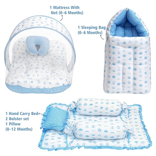 Image of Fareto Combo of Baby Bed with Net | Carry Bag | 4 Pcs Bedding Set (0-6 Months, Baby Size, Cotton) (Blue Taj)
