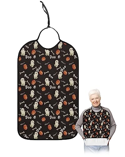 Halloween Adult Bib for Eating with Crumb Catcher,Washable & Waterproof Terry Cloth Adjustable Elderly Women Men Adult Bibs Funny Apron Clothing Protector Black Skeleton Ghost-BOO Fall Pumpkin