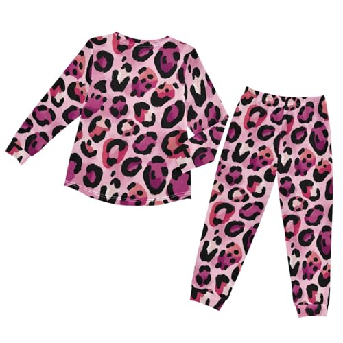 Pink Leopard Print Pattern Soft Pajama Set for All Seasons,Breathable Pjs Long Sleeve Sleepwear,Comfy Loungewear 2 Piece Underwear Set 4T2