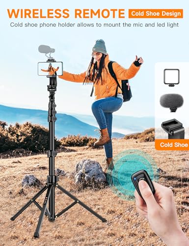 Image of Phone Tripod, 71 inch Portable Cellphone Tripod Stand with Remote & Phone Holder, Camera Stand for iPhone, Compatible with Camera iPhone /Android Smartphone /Gopro