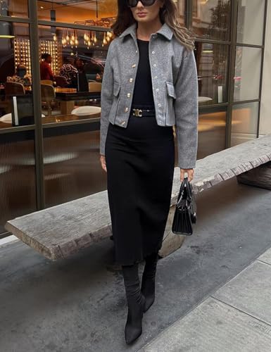 Wyeysyt Women's Wool Coats Lapel Cropped Bomber Jacket Button Down Casual Varsity Jacket with Pockets 20244