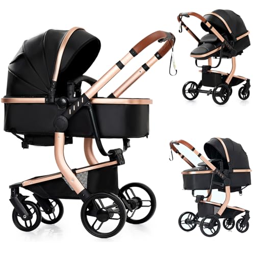 Image of PU Leather 2 in 1 Baby Stroller with Bassinet, Convertible Pram, Reversible Standard Stroller, Portable Buggy, Infant Carriage, Foldable High Landscape Pushchair Toddler Newborn (2US518-Black)